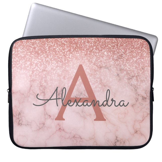 Glam Rose Gold Glitzer Marmorsparkle Monogramm Laptopschutzhülle (Vorderseite)