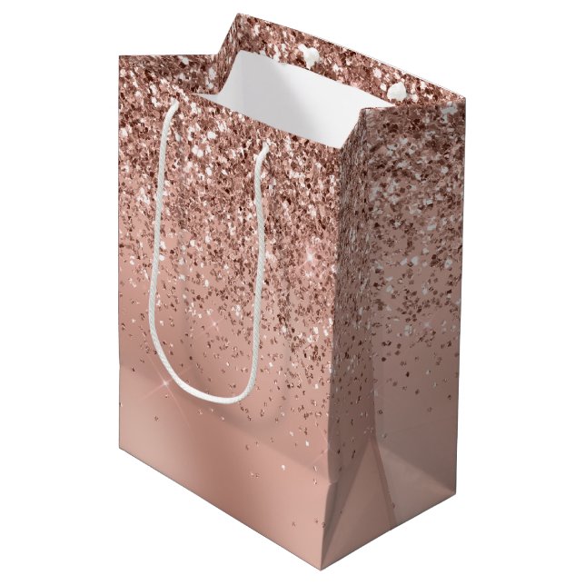 Glam Rose Gold Glitzer Mittlere Geschenktüte (Vorderseite Schrägansicht)