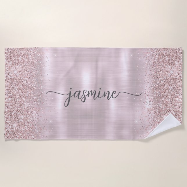 Glam Rose Gold Glitzer Monogram Name Girl Script Strandtuch (Vorderseite)