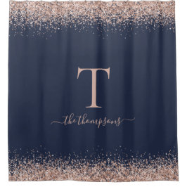 Glam Rose Gold Glitzer Name Monogram Initial Navy Duschvorhang