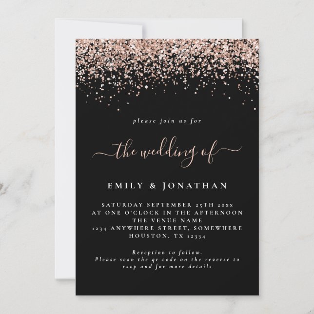 Glam Rose Gold Glitzer QR Code Black Wedding Einladung (Vorderseite)