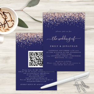 Glam Rose Gold Glitzer QR Code Navy Blush Wedding Einladung