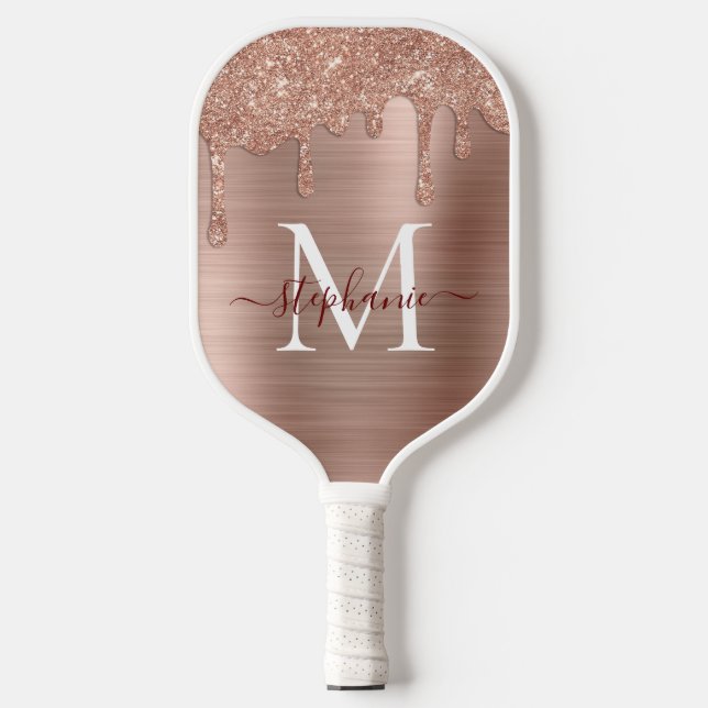 Glam Rose Gold Glitzer Tropfen Elegantes Monogramm Pickleball Schläger (Vorderseite)
