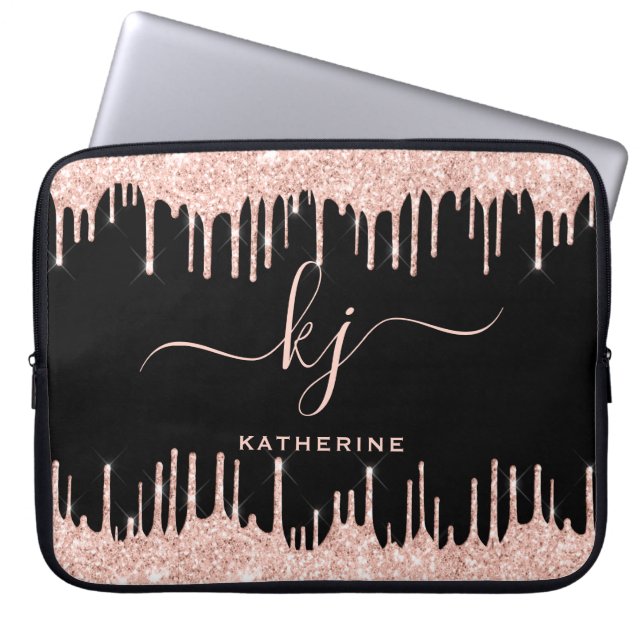 Glam Rose Gold Glitzer Tropfen Mit Monogramm Laptopschutzhülle (Vorderseite)