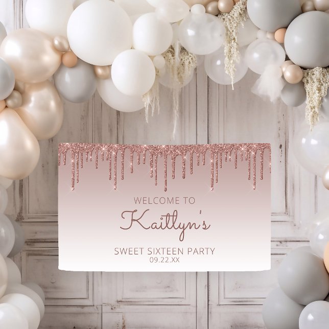 Glam Rose Gold Glitzer Tropfen Sweet 16 Party Bann Banner (Von Creator hochgeladen)