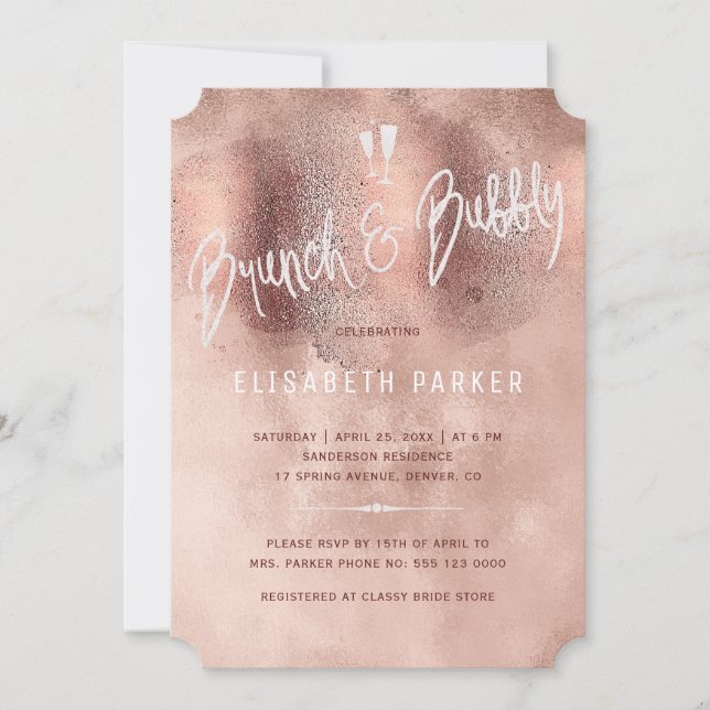Glam Rose Gold Glitzer Typografie Brunch & Bubbly Einladung (Vorderseite)