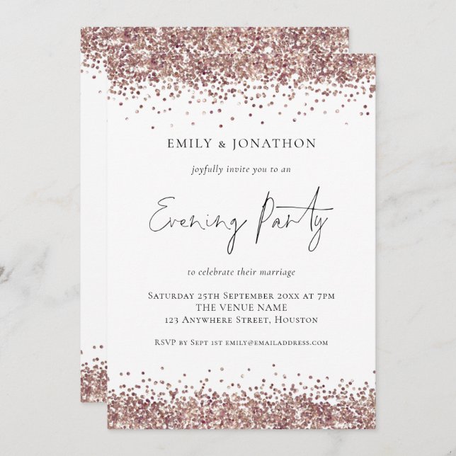 Glam Rose Gold Glitzer Wedding Abend Party Einladung (Vorne/Hinten)