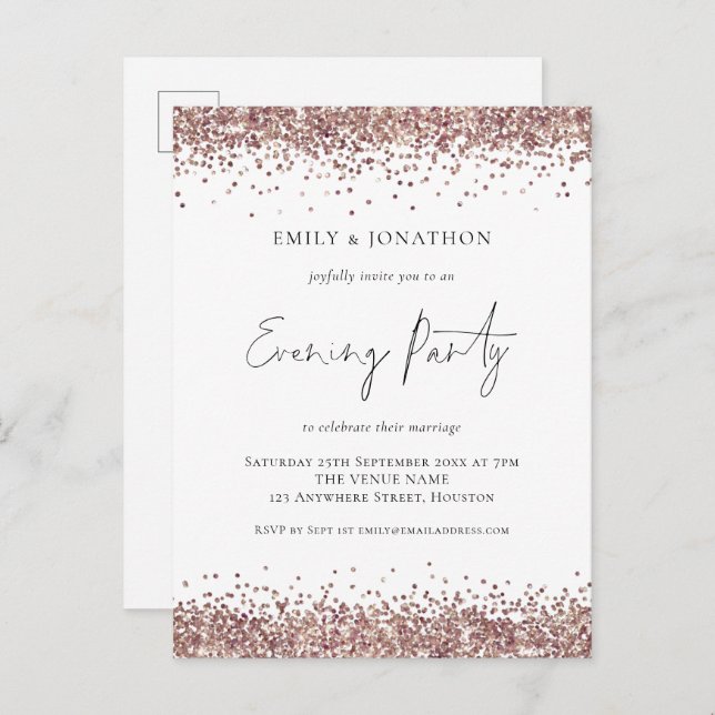 Glam Rose Gold Glitzer Wedding Abend Party Einladungspostkarte (Vorne/Hinten)