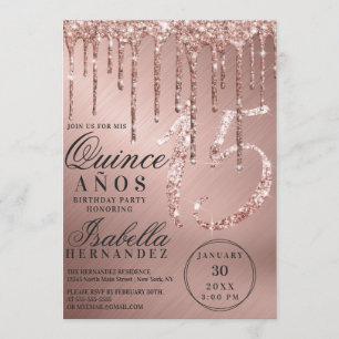 Glam Rose Gold Metallic Glitzer Tropfen Quinceañer Einladung