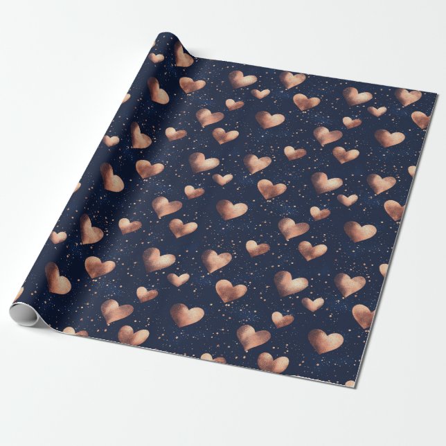 Glam Rose Gold & Navy Hand Drawn Hearts Glitzer Geschenkpapier (Ungerollt)