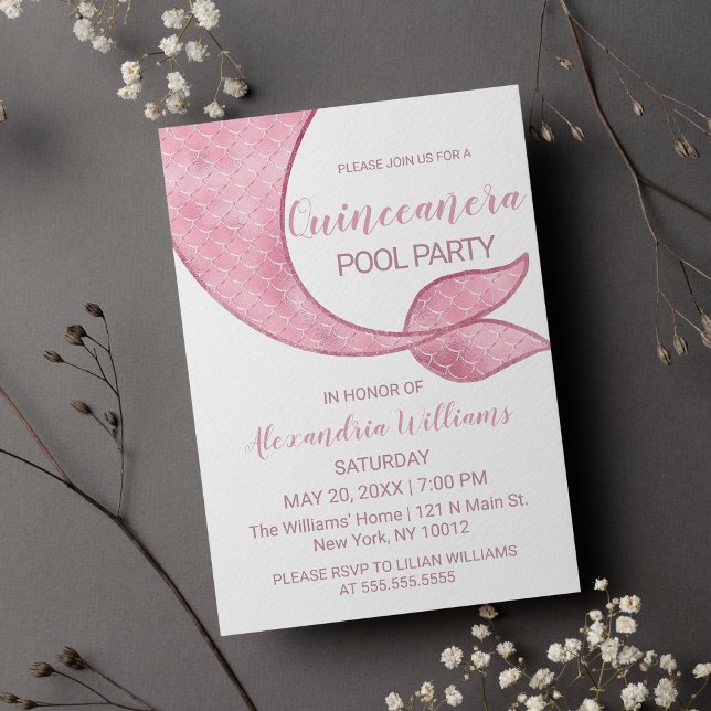 Glam Rose Gold Pink Meerjungfrau Schwanz Quinceañe Einladung (Glam Rose Gold Pink Mermaid Tail Quinceañera Invitation )
