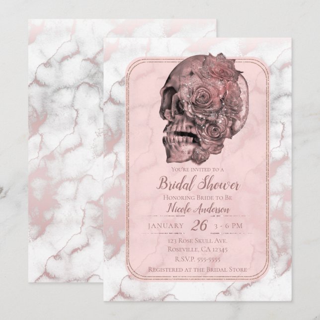 Glam Rose Gold Pink Skull Marmor Brautparty Einladung (Vorne/Hinten)