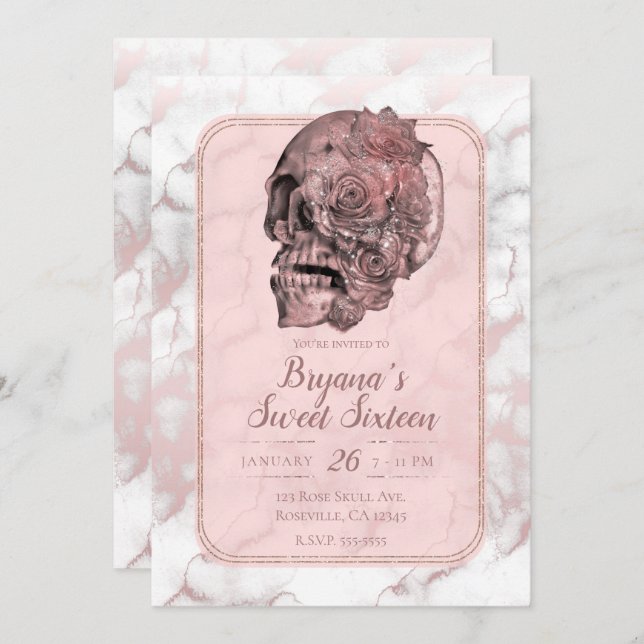 Glam Rose Gold Pink Skull Marmor Sweet 16 Einladung (Vorne/Hinten)