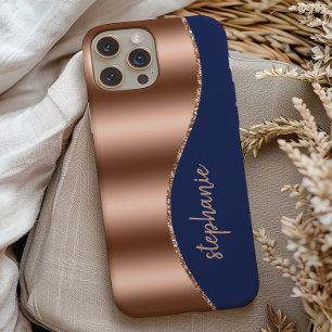Glam Rose Gold Signature Imitate Foil Wave Navy Bl Case-Mate iPhone Hülle