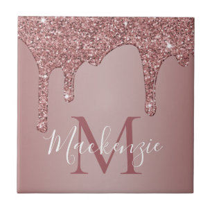 Glam Rose Gold Sparkle Glitzer Tropfen Monogram Fliese