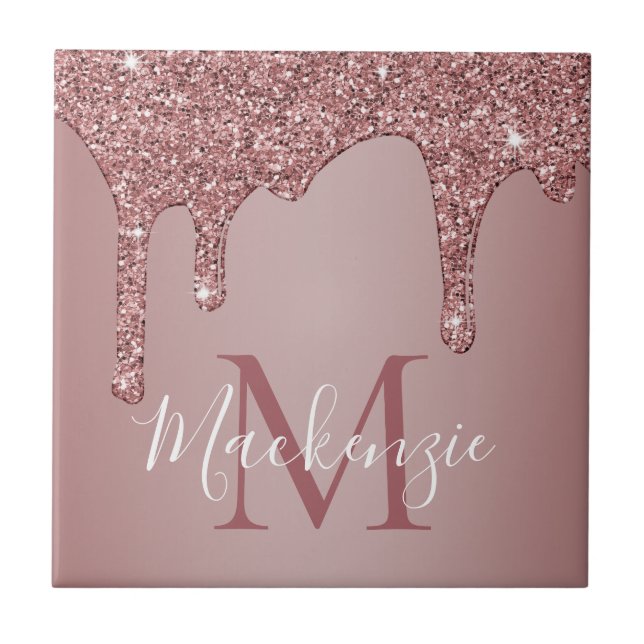 Glam Rose Gold Sparkle Glitzer Tropfen Monogram Fliese (Vorderseite)