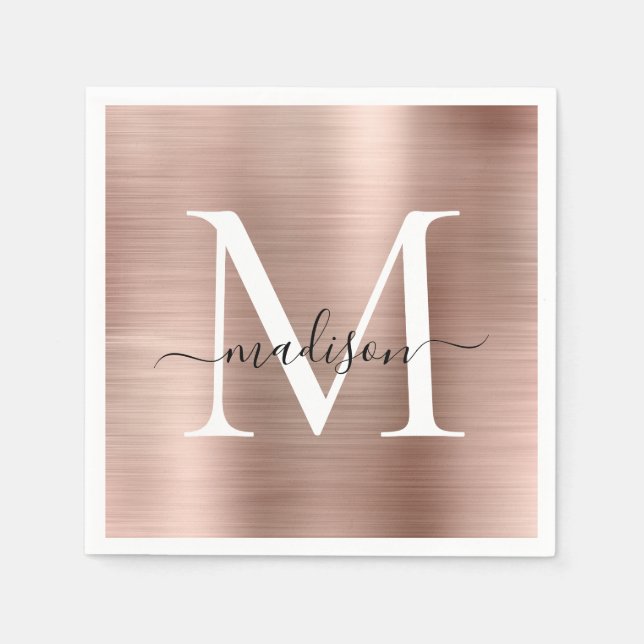 Glam Rose Gold Sparkle Monogram Script metallisch Serviette (Vorderseite)