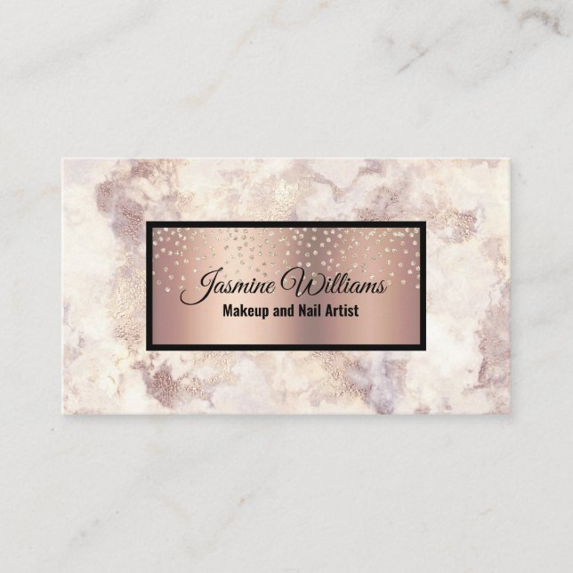 Glam Rose Gold Veined Marmor und Gold Foil Glitzer Visitenkarte (Vorderseite)