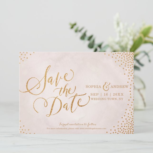 Glam-Rose Goldkalligrafie Save the Date (Stehend Vorderseite)