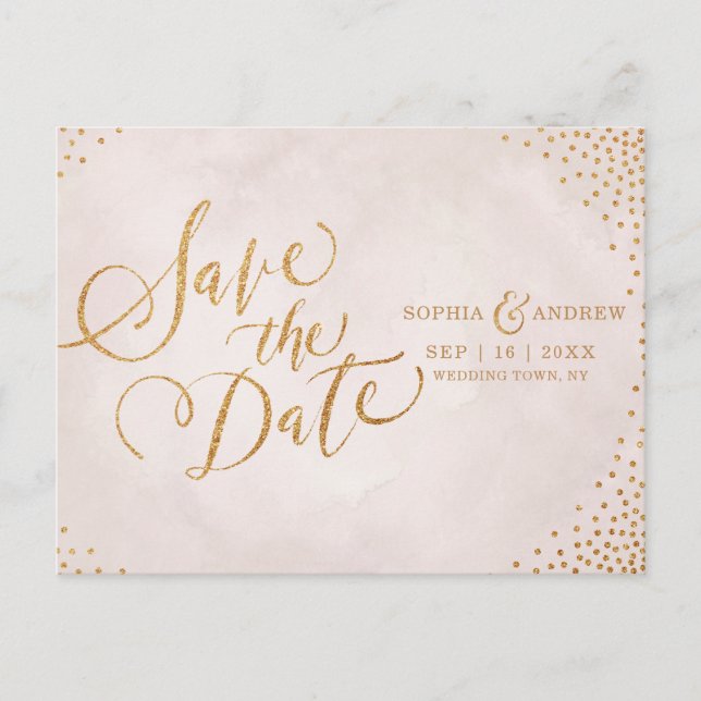Glam-Rose Goldkalligrafie Save the Date Ankündigungspostkarte (Vorderseite)