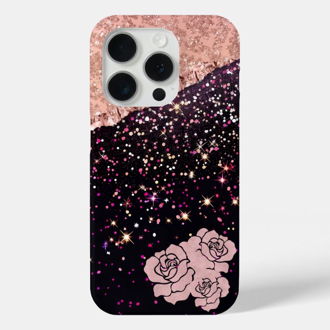 Glam Rose Schwarzer Glitzer Blush Rose Case-Mate iPhone Hülle (Rückseite)