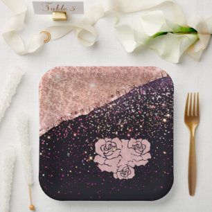 Glam Rose Schwarzer Glitzer Blush Rose Pappteller