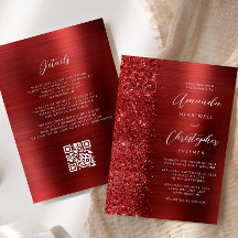 Glam Roter Gebürsteter Metall QR-Code Hochzeit