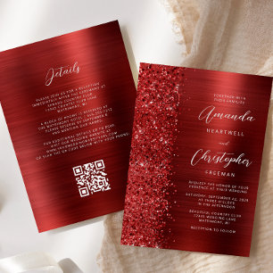 Glam Roter Gebürsteter Metall QR-Code Hochzeit Einladung