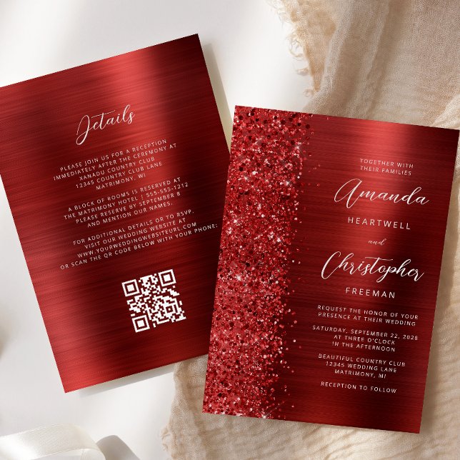 Glam Roter Gebürsteter Metall QR-Code Hochzeit Einladung (Von Creator hochgeladen)