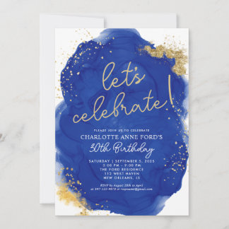 Glam Royal Blue Gold Glitzer Alkohol Tinte Geburts Einladung
