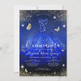Glam Royal Blue Gold Glitzer Gown Quinceanera Einladung