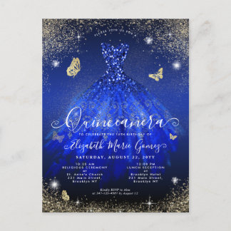 Glam Royal Blue Gold Glitzer Gown Quinceanera Postkarte