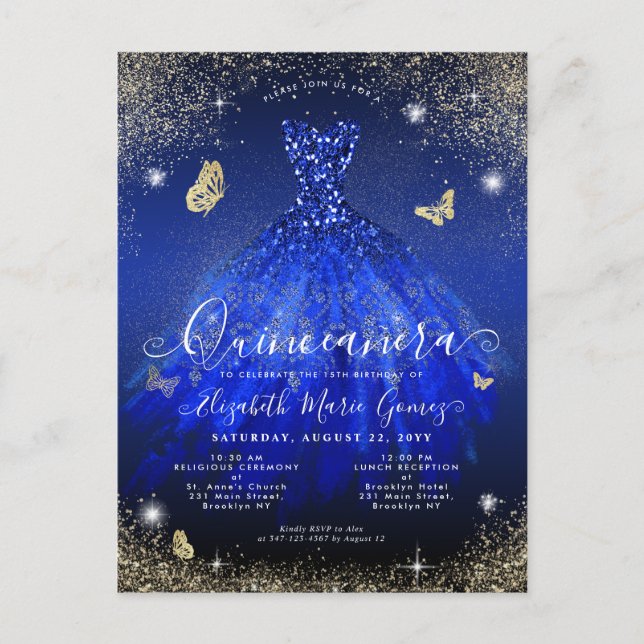 Glam Royal Blue Gold Glitzer Gown Quinceanera Postkarte (Vorderseite)