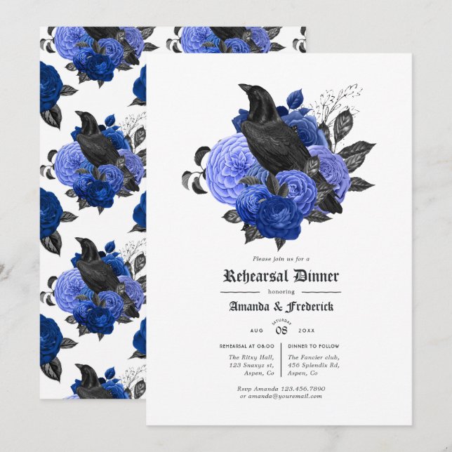 Glam Royal Blue Raven Gothic Probe Dinner Einladung (Vorne/Hinten)