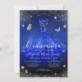 Glam Royal Blue Silver Glitzer Gown Quinceanera Einladung