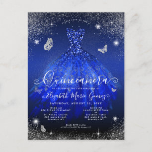 Glam Royal Blue Silver Glitzer Gown Quinceanera Postkarte