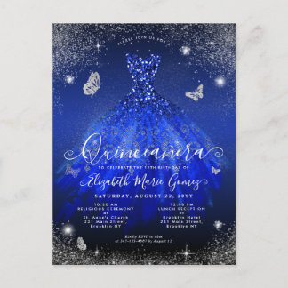 Glam Royal Blue Silver Glitzer Gown Quinceanera Postkarte
