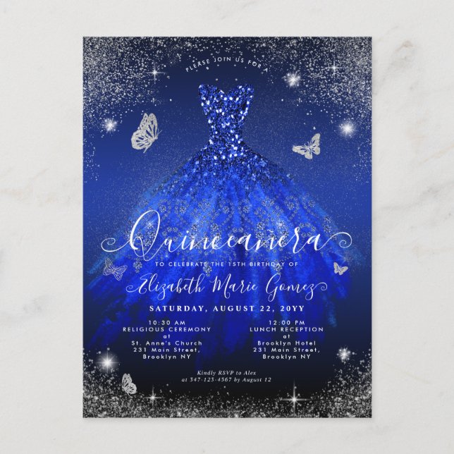 Glam Royal Blue Silver Glitzer Gown Quinceanera Postkarte (Vorderseite)
