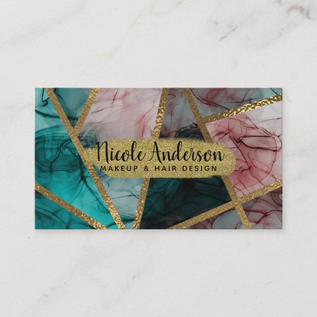 Glam Rust Blush Aquamarin & Gold Chic Moderner Gla Visitenkarte (Vorderseite)