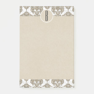 Glam Rustic Burlap Damask Kraft Monogram Initial Post-it Klebezettel
