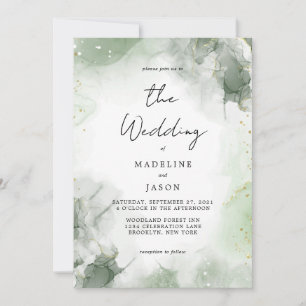 Glam Sage Green Watercolor Gold Fluid Ink Wedding Einladung
