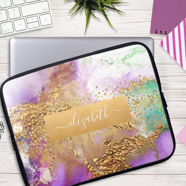 Glam schick Aquarellmarmor Gold lila Aqua-Grün Laptopschutzhülle (Von Creator hochgeladen)