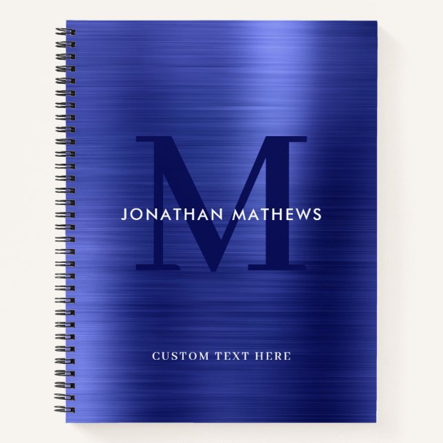 Glam Schlicht Brushed Metallic Royal Blue Monogram Notizbuch (Vorderseite)