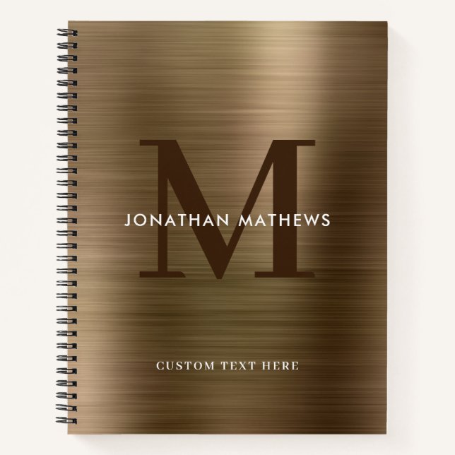 Glam Schlicht gebürstetes Metallic Gold Monogramm Notizbuch (Vorderseite)