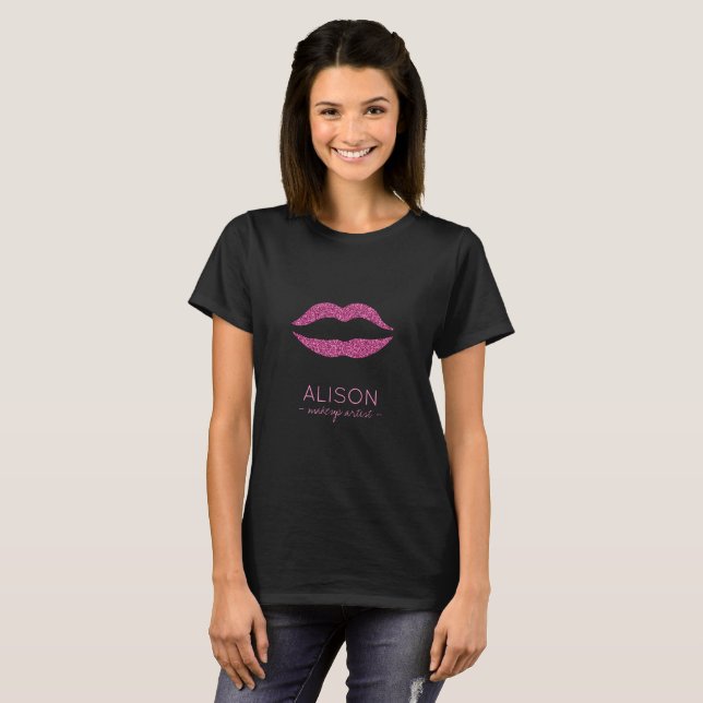 Glam Schwarz Heiß Rosa Glitzer große Lippen Makeup T-Shirt (Vorne ganz)