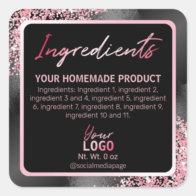 Glam Schwarz mit rosafarbenen Glitzer-Inhaltsstoff Quadratischer Aufkleber (Vorderseite)