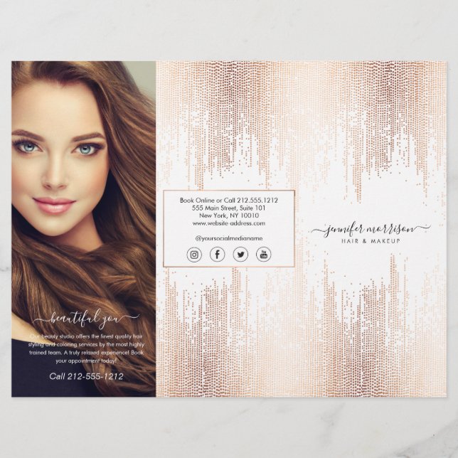 Glam Script Rose Gold Konfetti Regen Tri-Fold Flyer (Vorne)