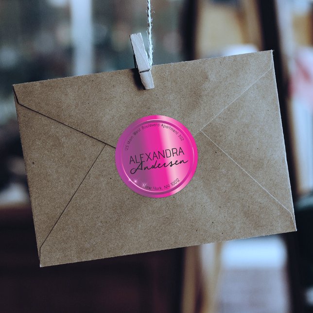 Glam Shiny Magenta Metallic Rücksendeadresse Runder Aufkleber (Von Creator hochgeladen)