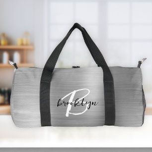 Glam Silber gebürstetes Metall Schwarz Weiß Monogr Duffle Bag