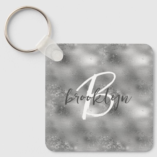 Glam Silber Glitter Glanz Monogramm  Schlüsselanhänger (Vorderseite)